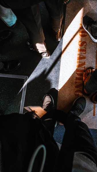 Person Standing on Brown and Black Printed Surface