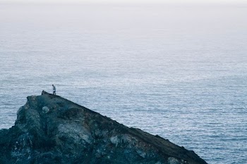 person standing on gray rock formation near body of water during daytime