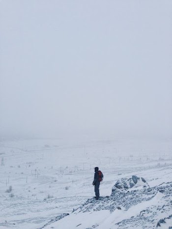 person standing on snow covered cliff