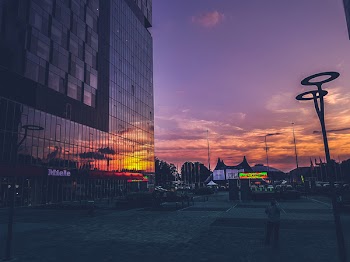 Person Standing Outside High-rise Building at Golden Hour