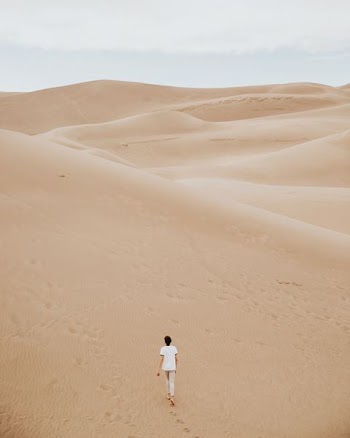 person walking on sand dune