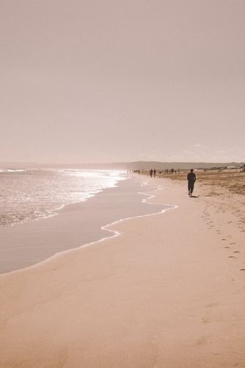 person walking on seashore under cloudy sky