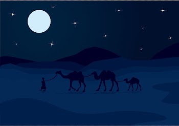 Person walking with three camels at night time illustration, Moonlight Sky Night Illustration, night sky camel transparent background PNG clipart