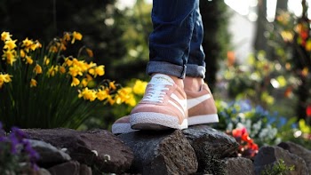 Person Wearing Pink Nike Low-top Sneakers Stepping on Stone Surrounded by Flower