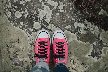 person wearing pink sneakers