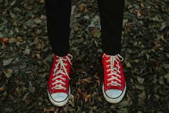 Person Wearing Red-and-white Sneakers Standing on Withered Leaves