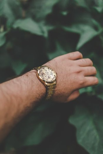 person wearing round gold-colored watch