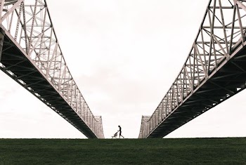 person with stroller passing through bridges illustration