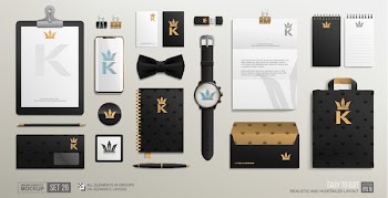 Personal Branding Identity Stationery Mockup set with Golden Crown logo. Luxury style Mockup set of Corporate Brand Identity Men's shop. Business mockup of gold crown logo on black background