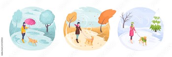 Pet walking in bad weather, woman with dog in park, vector isometric flat illustration. Girl walking dog on leash at winter snow, autumn wind and rain, owner walking dog in warm clothing
