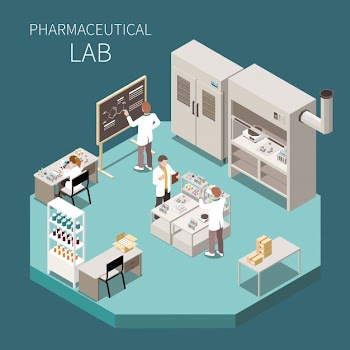 Pharmaceutical production isometric composition with pharmaceutical lab headline and three scientist in the lab  illustration Free Vector
