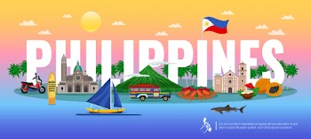 Philippines typographic composition with traditional food various landmarks and animals on gradient background horizontal Free Vector