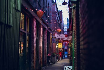 photo of a colored street with lightrs