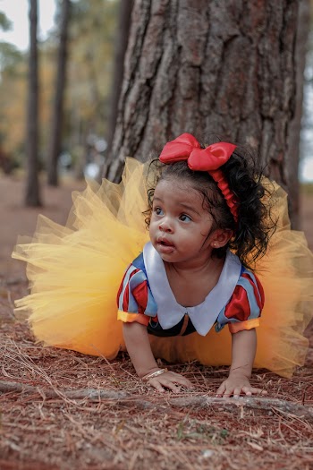 Photo of Baby Girl in Tutu Dress Crawling Near Tree