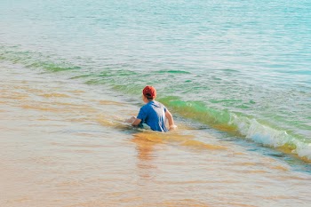 Photo of Boy Sitting on Shore at the Beach