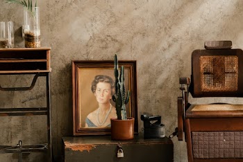 Photo of Cactus in Front of a Woman's Portrait Painting