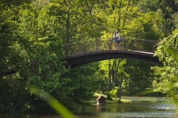 Photo of Couple Hugging on Bridge over River
