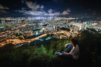 Photo of Man Sitting While Overlooking a City
