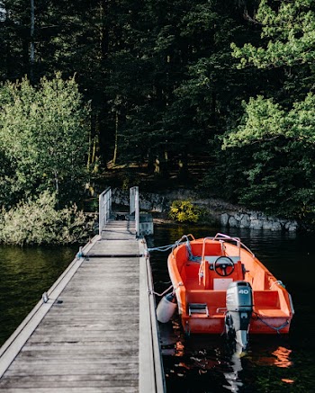 Photo of Orange Boat on Body of Water Beside Wooden Dock Near Tall Trees