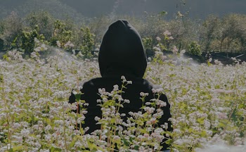 Photo of Person Wearing Black Hoodie Standing On Flower Field