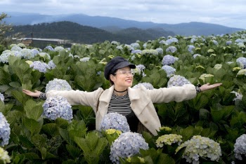 Photo of Smiling Woman in Black Hat, White Coat, and Glasses Standing in Middle of Hydrangea Flower Field With Her Eyes Closed and Hands Stretched Out