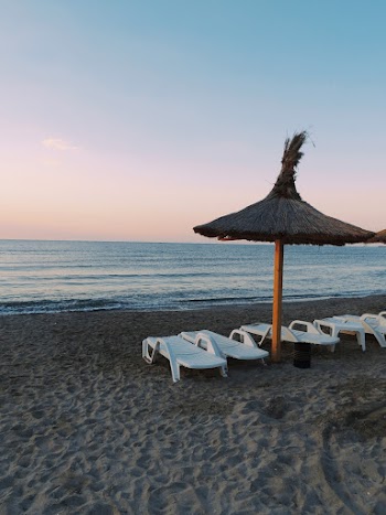Photo of Sunloungers on Beach Near Sea