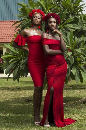Photo of Two Beautiful Women in Red Dresses and Red Flower Crowns Posing In Front of Green-leafed Tree