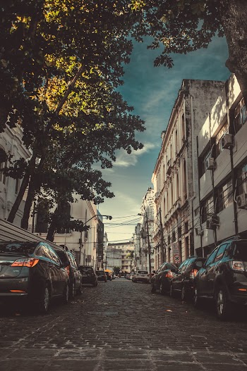 Photo of Vehicles Parked Near Buildings and Trees