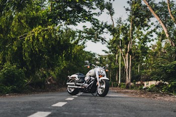 Photo of White Harley Davidson Fatboy Cruiser Motorcycle  Parked in the Middle the Road in Between Trees