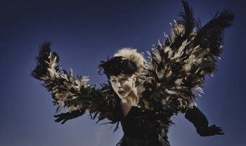 Photo of Woman in Black and Grey Feathered Outfit