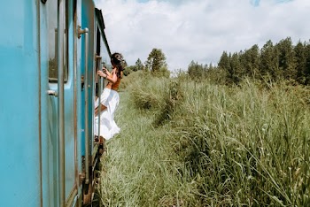 Photo of Woman in Brown Top and White Skirt Hanging from Train