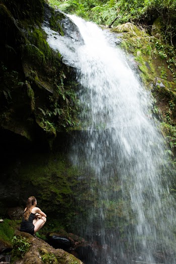Photo of Woman Sitting on Rock Facing the Waterfalls