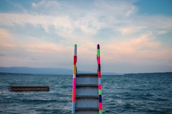 photograph of ladder in front of body of water