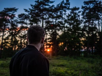 photography of man looking sunset in front of green leafed trees