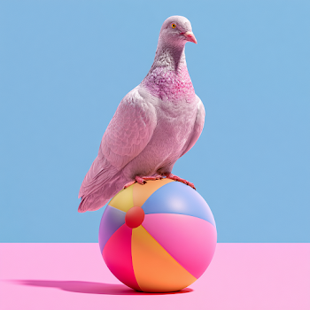 Photorealistic Pigeon on a Colorful Beach Ball