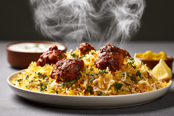 Photorealistic Spicy Chicken Biryani in Ceramic Plate