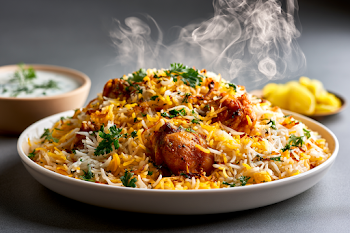 Photorealistic Spicy Chicken Biryani with Raita and Lemon Pickle