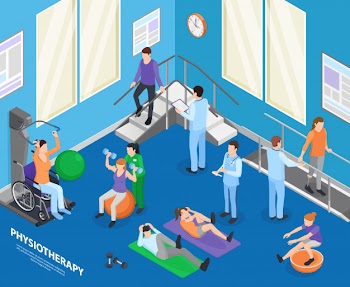 Physiotherapy rehabilitation facility clinic exercise hall speeding recovery physical activities with therapist session isometric composition illustration Free Vector