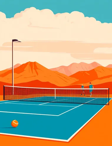 Pickleball Players on Court with Mountain View and Sunny Skies Pickleball Players on Court with Mountain View and Sunny Skies