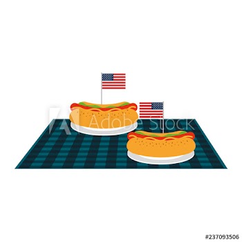 picnic hot dogs with american flag on blanket