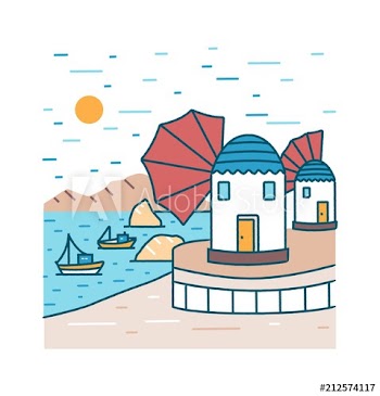 Picturesque seaside scenery with boats or ships sailing in sea and buildings standing on shore against rocky mountains and sun on background