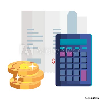 pile coins with calculator and voucher paper design