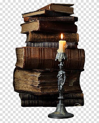 , pile of books beside lighted candle transparent background PNG clipart