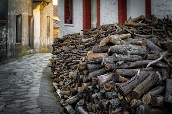 Pile of Firewood Beside Concrete Building and Alleyway
