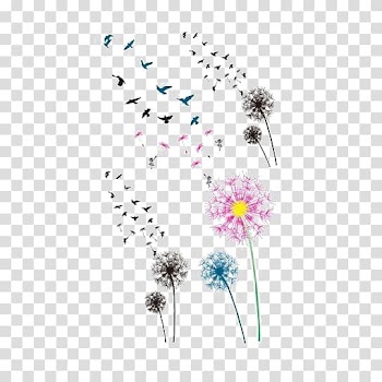 Pink and black dandelions, Common Dandelion Bird Tattoo Flash, Colorful dandelion transparent background PNG clipart
