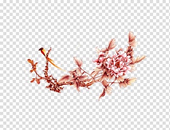 Pink and brown petaled flowers with brown bird, Moutan peony Drawing Flower, peony transparent background PNG clipart