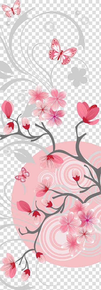 Pink and gray flowers and butterflies graphic illustration border, Sakura card Shading transparent background PNG clipart