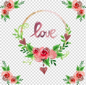 Pink and green floral wreath , Euclidean Watercolor painting, Hand-painted decorative garland transparent background PNG clipart