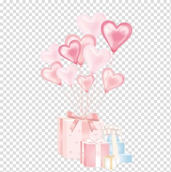 Pink and white gift box with balloons illustration, Balloon Gift Birthday , A gift box with a heart shaped balloon transparent background PNG clipart