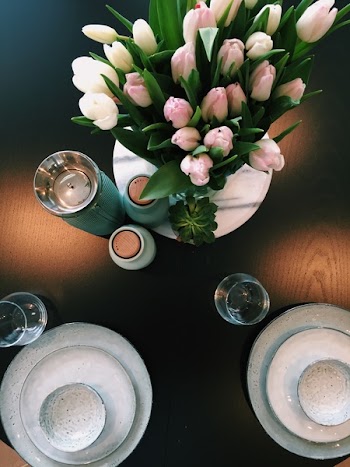 Pink and White Tulips Centerpiece on Table